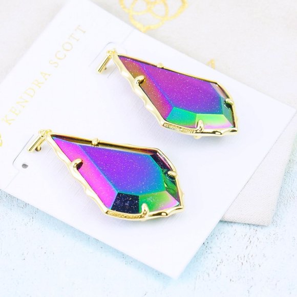 Kendra Scott Large Alex Faceted Iridescent Blue Goldstone Earrings Gold Plated - Picture 3 of 5